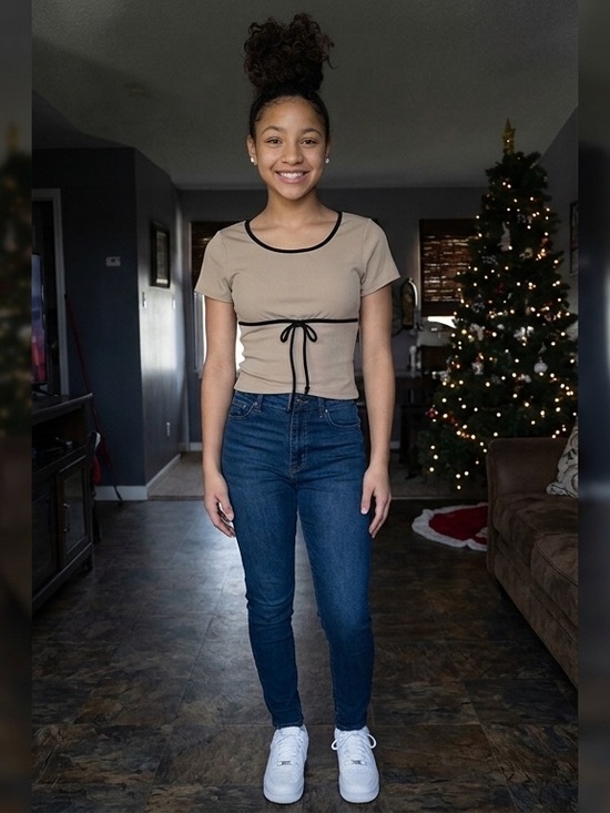 french pastry Tops - french pastry Beige Short Sleeve Tie-Front Top with Black Trim